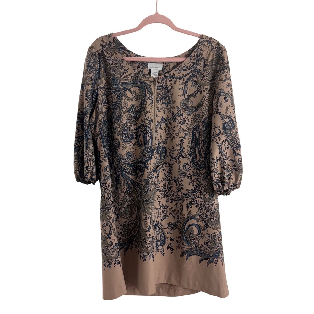 Soft Surroundings Paisley Shift Dress Brown Blue Quarter Zip 3/4 Sleeve Boho